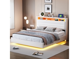 Cama 140x200cm Lin, Hidráulica, Suspensa, Cabeceira Rebatível, Usb, Led, 250kg, Sem Colchão, Bege KOMHTOM