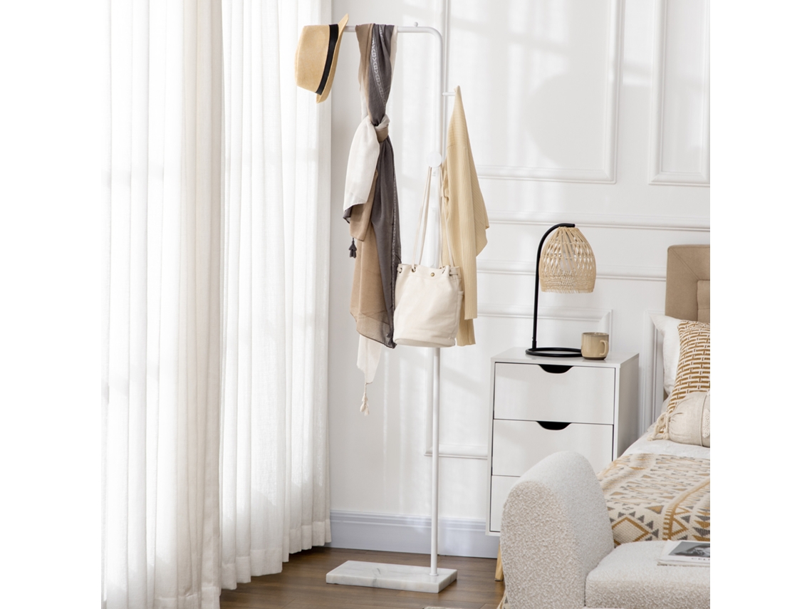 Cabide de Pé Elegante para Abrigos com 2 Ganchos Redondos Suspensos e Base Mármore P/ Dormitório Corredor Entrada 35x25x170cm Branco