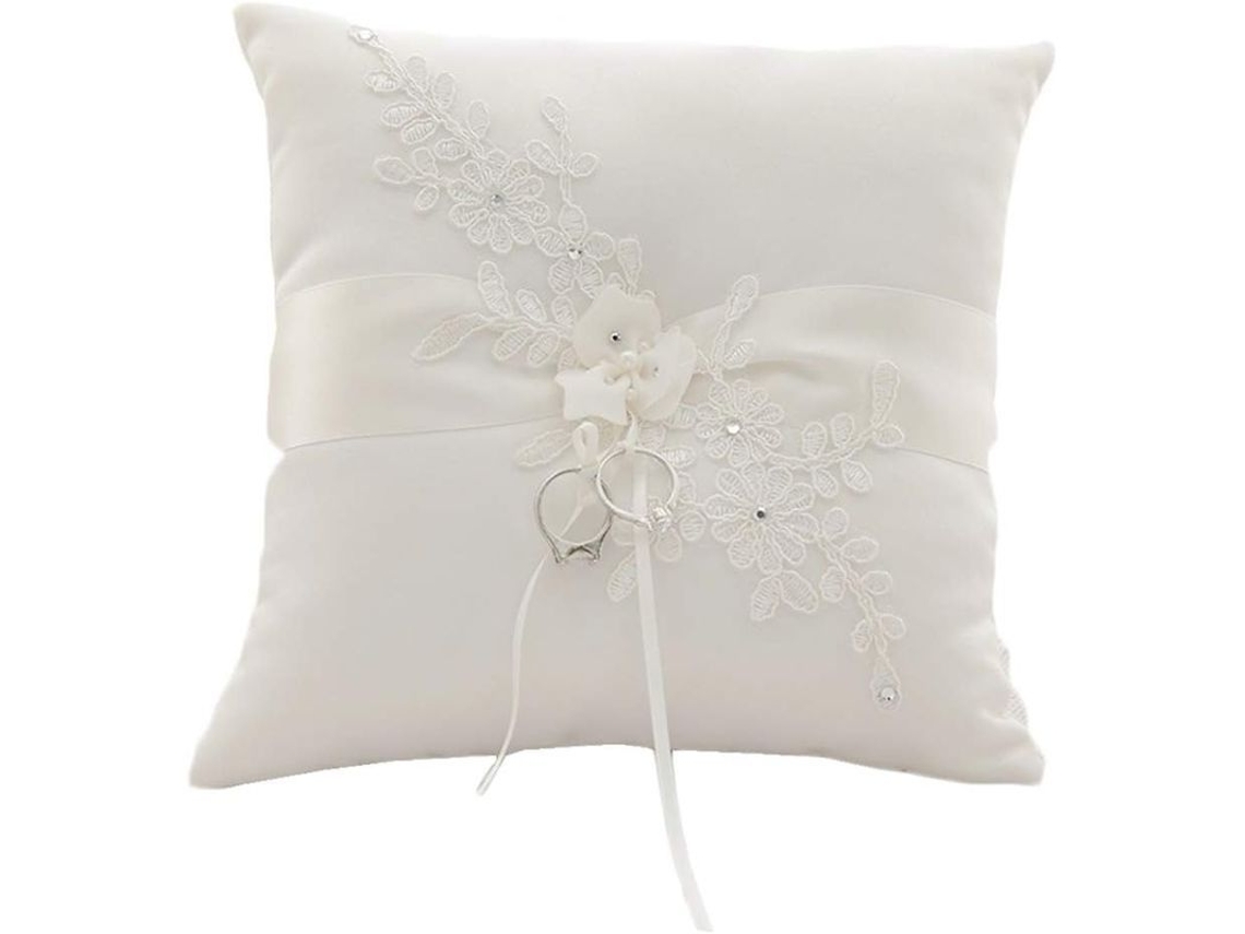Almofada para alianças de casamento em seda fosca com renda e pérolas artificiais, 20cm x 20cm, para decoração de casamento.