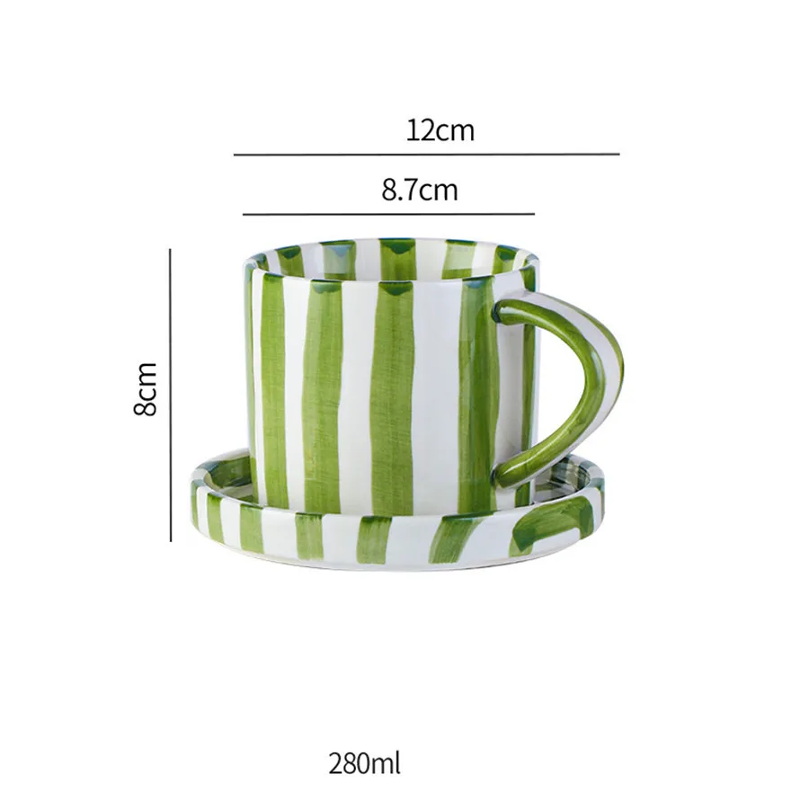 (verde 200-400ml) Conjunto De Xícara E Pires De Cerâmica Com Estampa Listrada Simples, 280ml, Pintado À Mão.