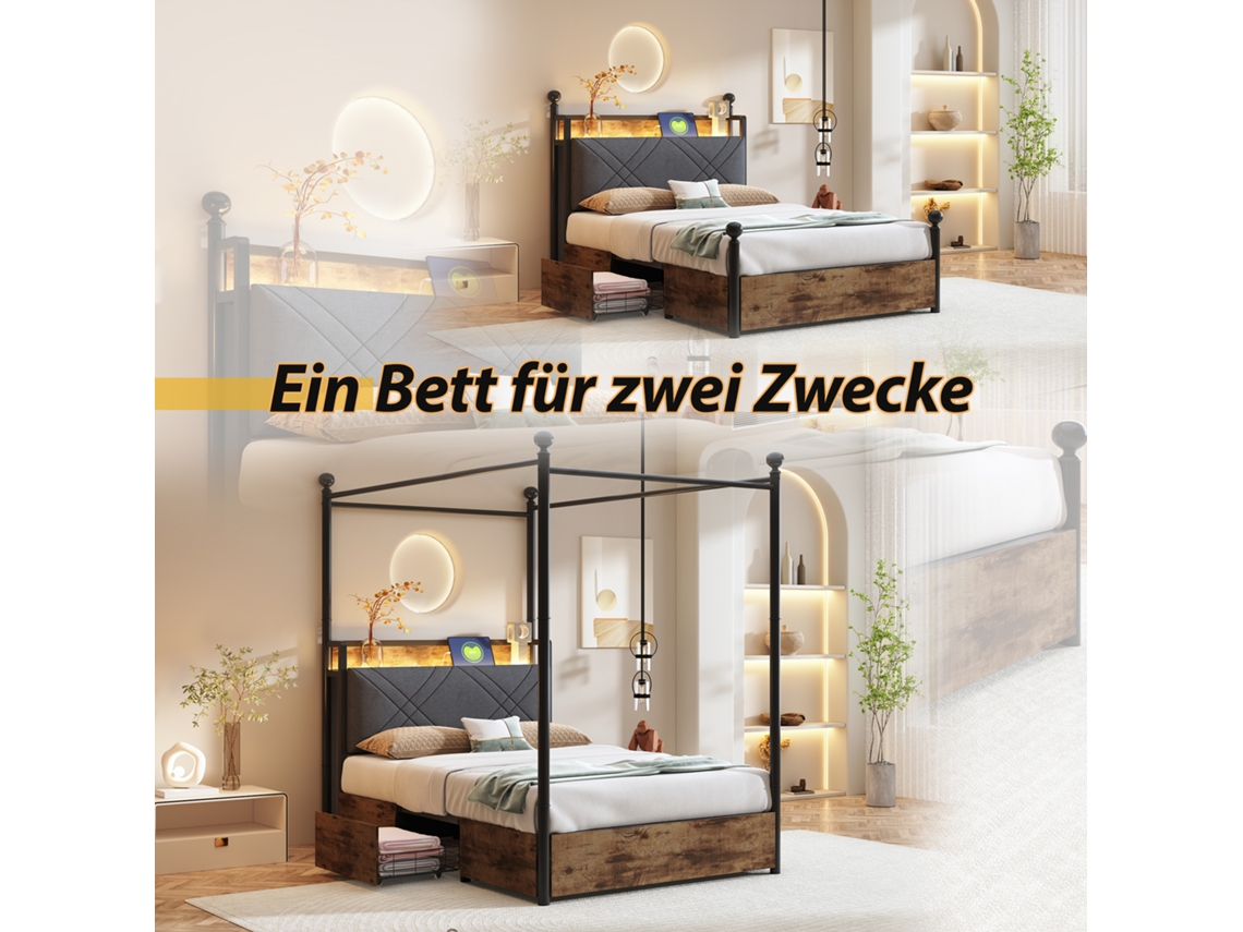Cama 90x190cm Dossel Fer Forjado, Led, Usb c, Gavetas, Armazenamento, Preto KOMHTOM