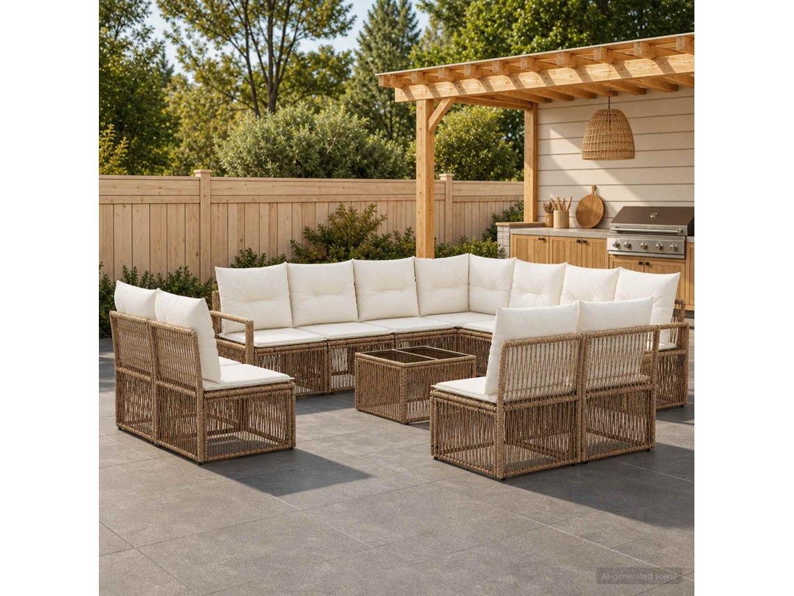 Vidaxl Conjunto De Sofá De Jardim 12 Pcs Bege Vime Pe