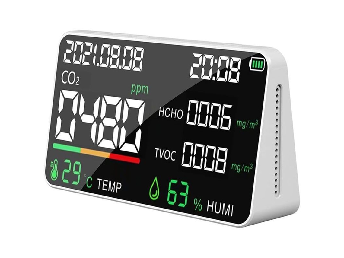 Detector de qualidade do ar Linjou com CO2, TVOC, HCHO, temperatura, umidade e nível de bateria