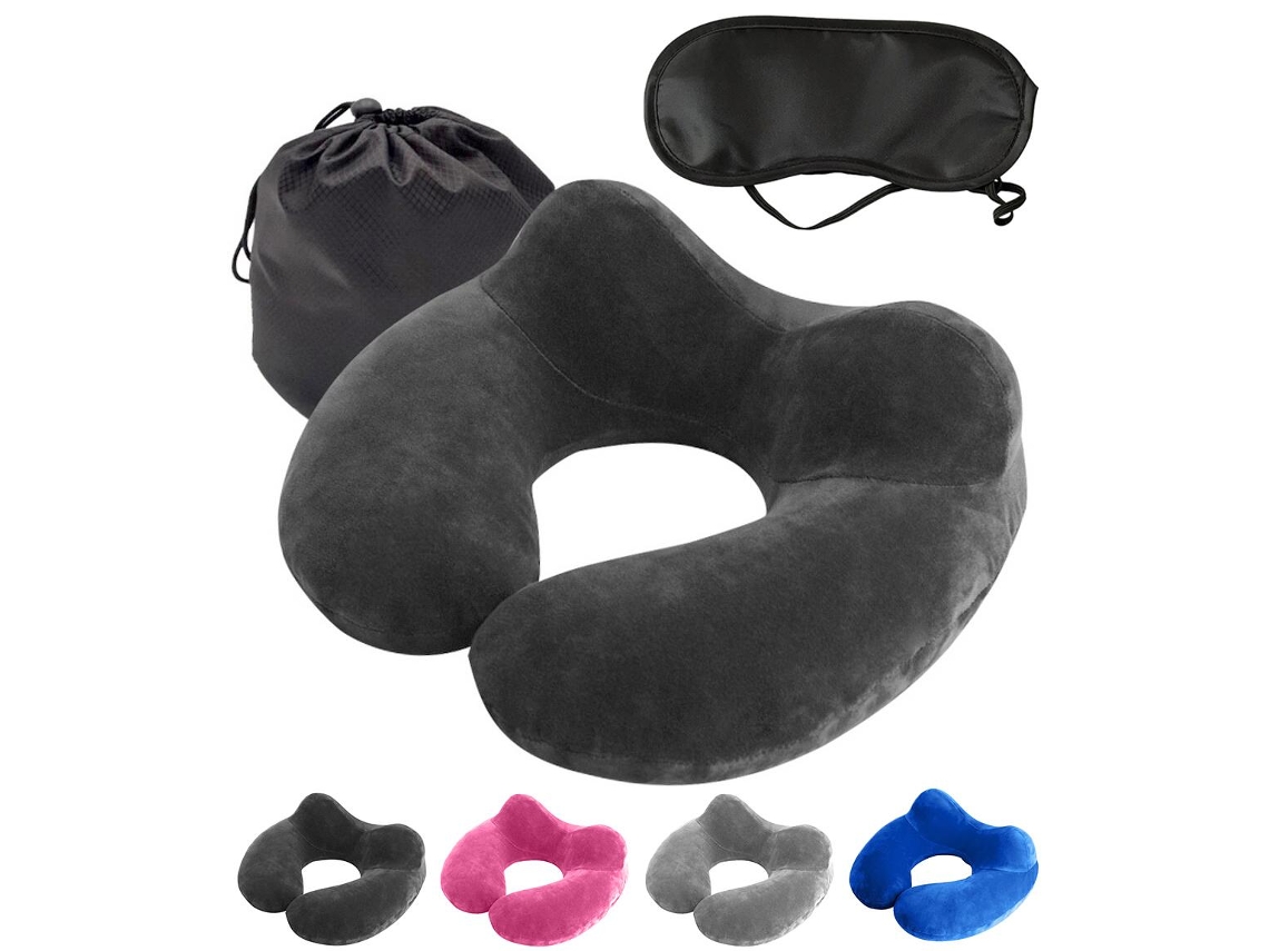 Kit de Viagem 3 em 1, Travesseiro Inflável para Pescoço e Máscara de Dormir Preta AQUAFORGE