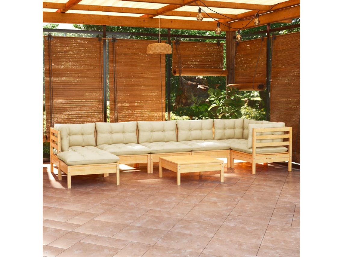 Vidaxl 8 Pcs Conjunto Lounge Jardim C/ Almofadões Creme Pinho Maciço