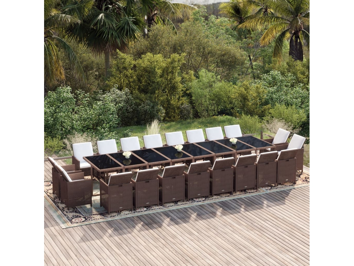 Vidaxl 21 Pcs Conjunto Jantar P/ Jardim C/ Almofadões Vime Pe Castanho