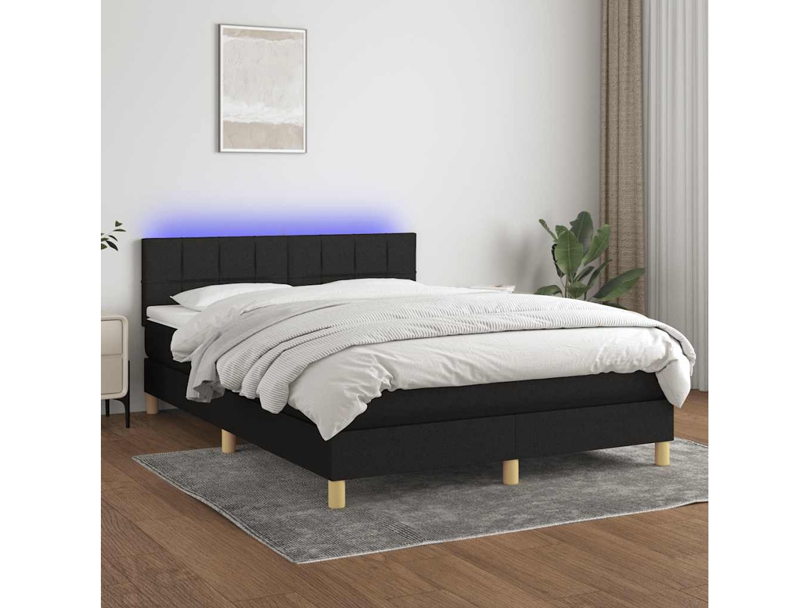 Vidaxl Cama Box Spring C/ Colchão E Led 140x200 Cm Tecido Preto