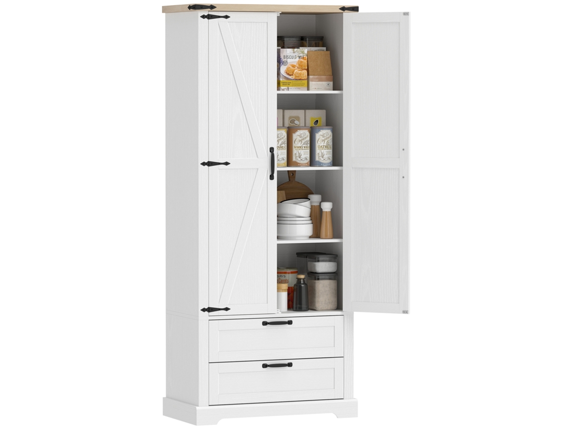 Aparador alto de cozinha ZENCORE SERVICES com 2 portas, 2 gavetas, prateleiras ajustáveis, rústico, 76x40x180cm, branco