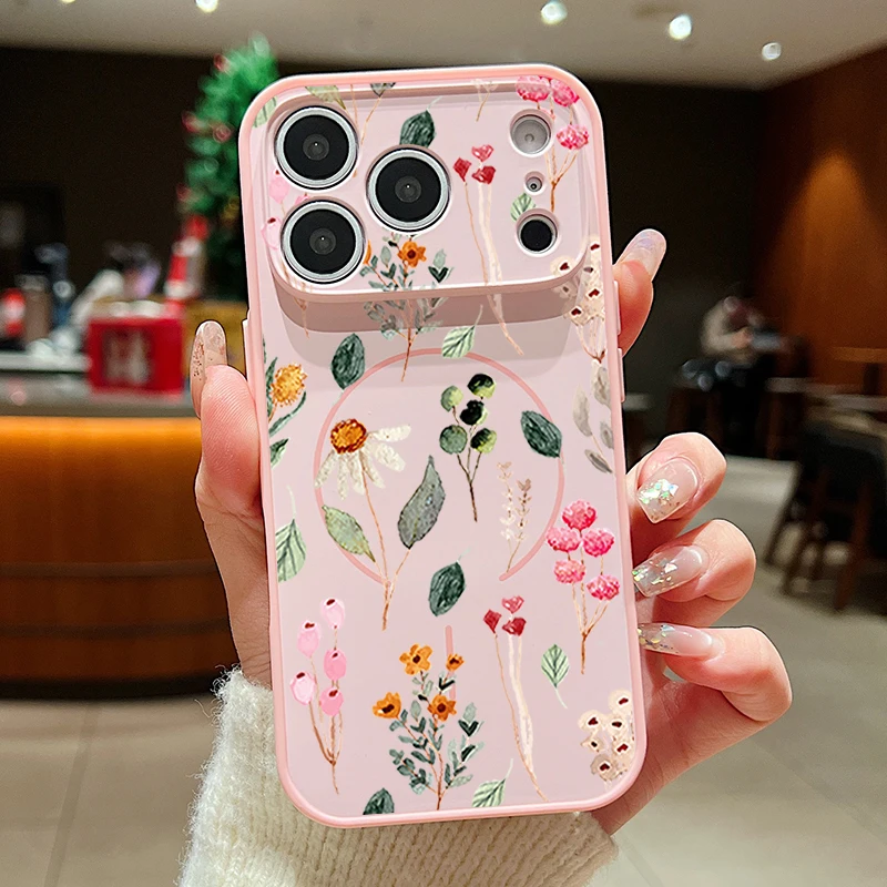 Capa Magnética Para Iphone 15 Pro Max Com Estampa Floral Rosa, Capa Traseira Rígida Em Tpu E Pc.