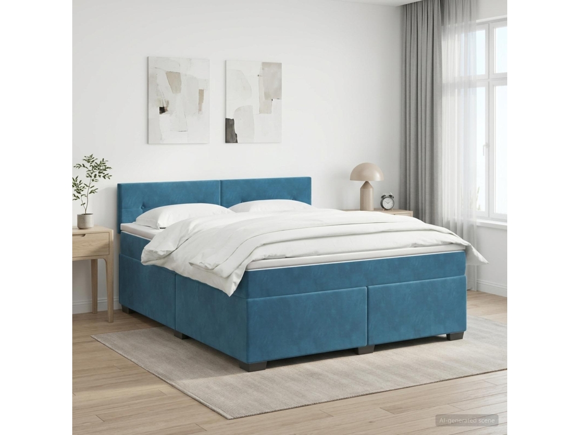 Vidaxl Cama Box Spring Com Colchão Azul Escuro 140 X 200 Cm Veludo