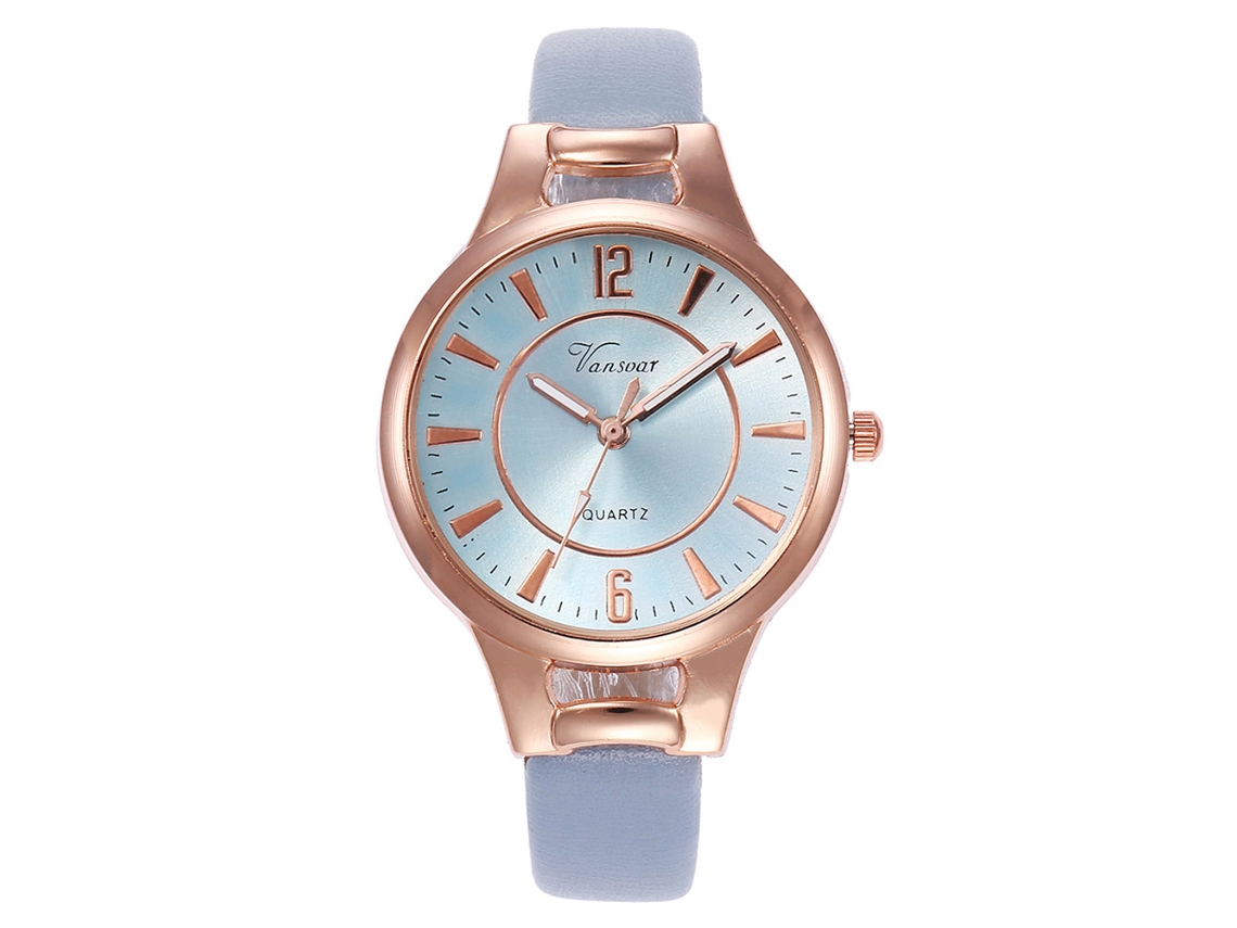 Relógio de Pulso Feminino Vansvar V406 Slim com Cinta Pu e Movimento de Quartzo Azul Claro