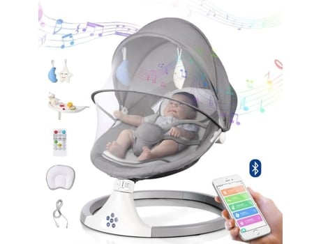 Balancelle Transat Bebê Elétrico 3 em 1 com Controle Remoto, Mesa de Jantar, 5 Modos de Balanço, Timer, Música Bluetooth - Cinza