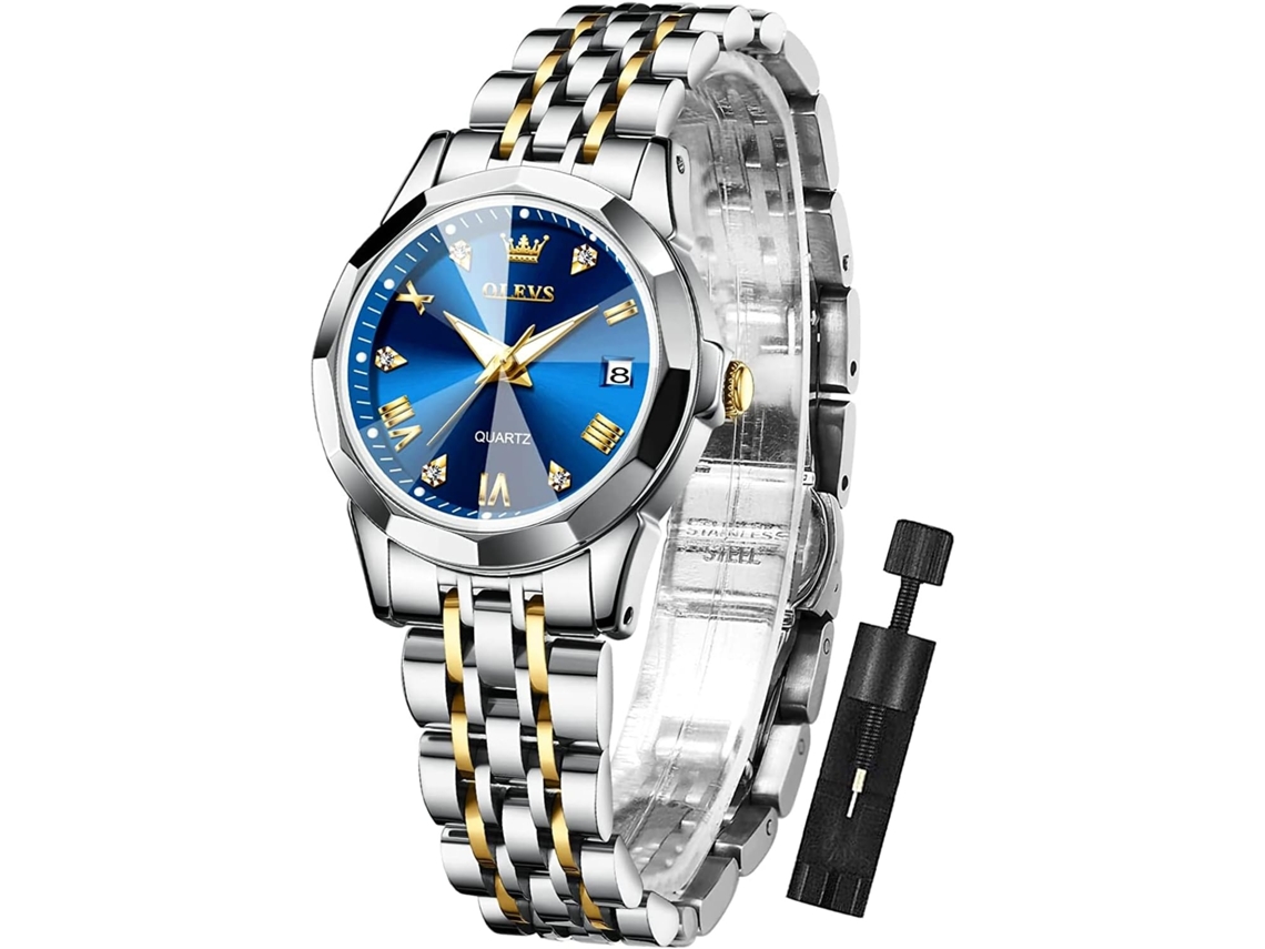 Lurelia Relógio Feminino, Movimento De Quartzo, Data/calendário, Luminoso, Detalhes Com Strass, Aço Inoxidável, Azul
