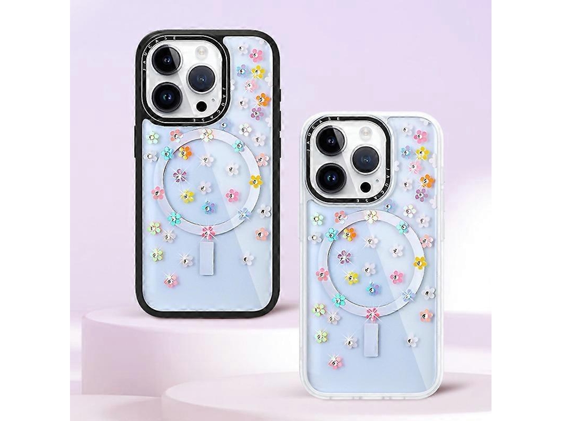 Capa Jaucase Para Iphone 14 Pro Max Com Estampa De Flores E Strass, Compatível Com Magsafe