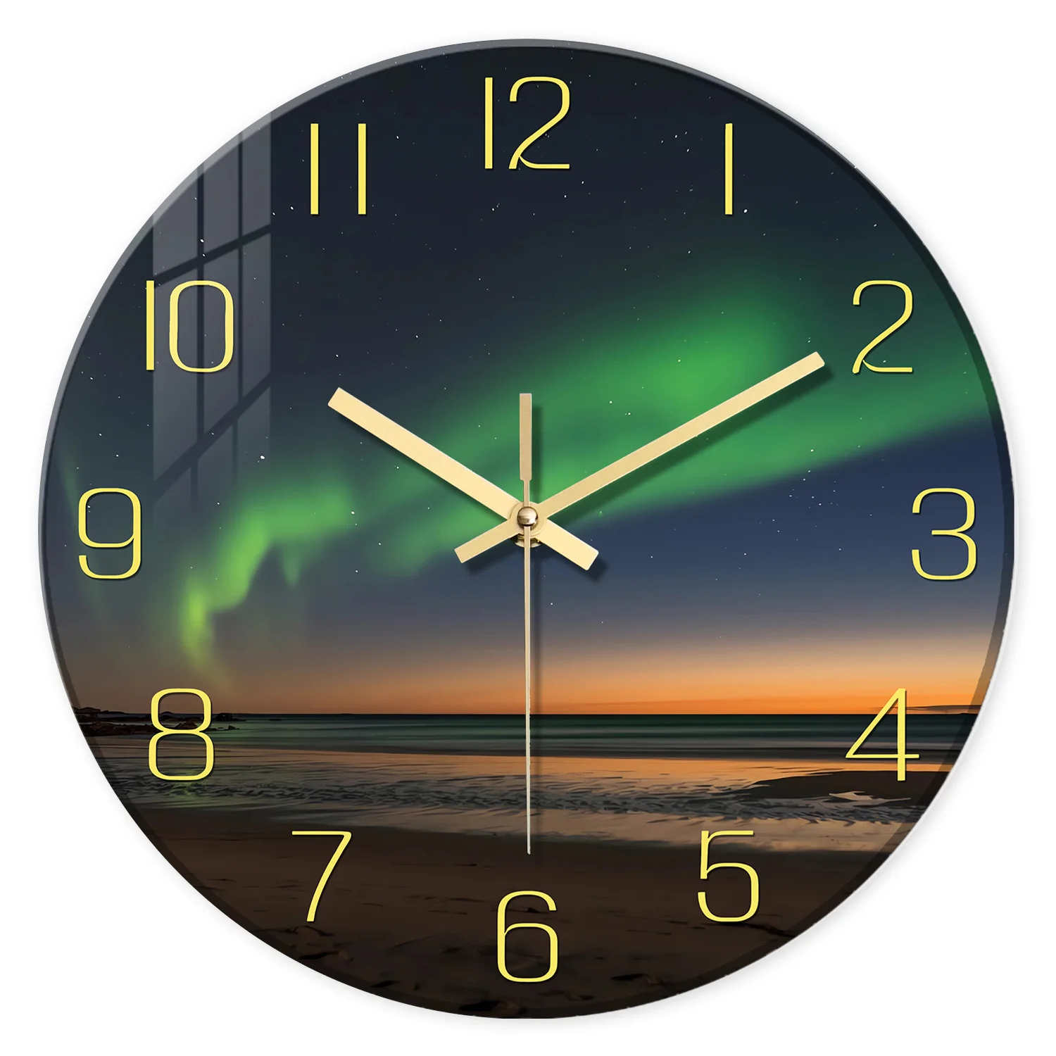 Relógio De Parede De Vidro (30 Cm), Design De Aurora Boreal Na Praia, Relógio Silencioso