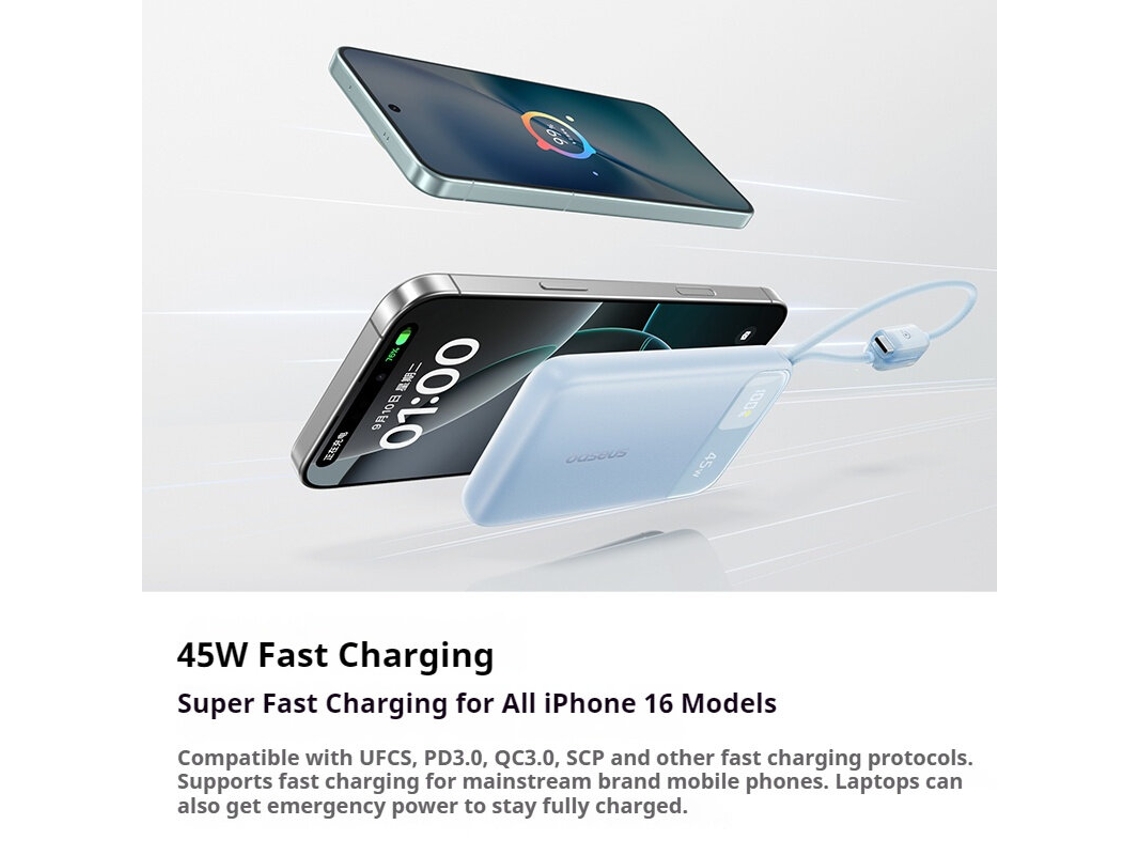 Baseus Enerfill Fc11 45w 73wh 20000mah Power Bank Com Display Digital,cabo Usb-c E Ip Integrado,fonte De Alimenta??o Externa Com 2 Entradas E 4 Saídas