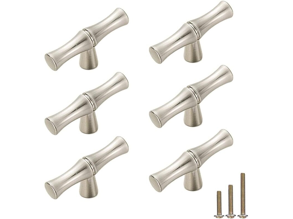 Conjunto De 6 Puxadores Móveis Em Liga Zinco Maciço Com Design Nó Bambu, Acessórios Decorativos Para Gavetas De Cômodas E Armários(furo Único, Prata)
