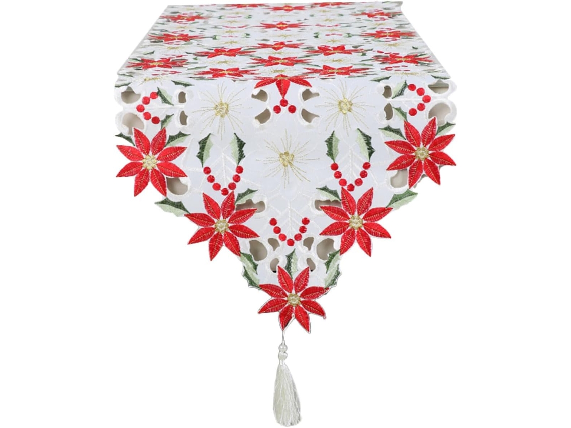 Caminho de Mesa Decorativo Natal, 40x85 Cm, em Poliéster com Estampa Floral Vazada. Ideal para Decoração Mesas