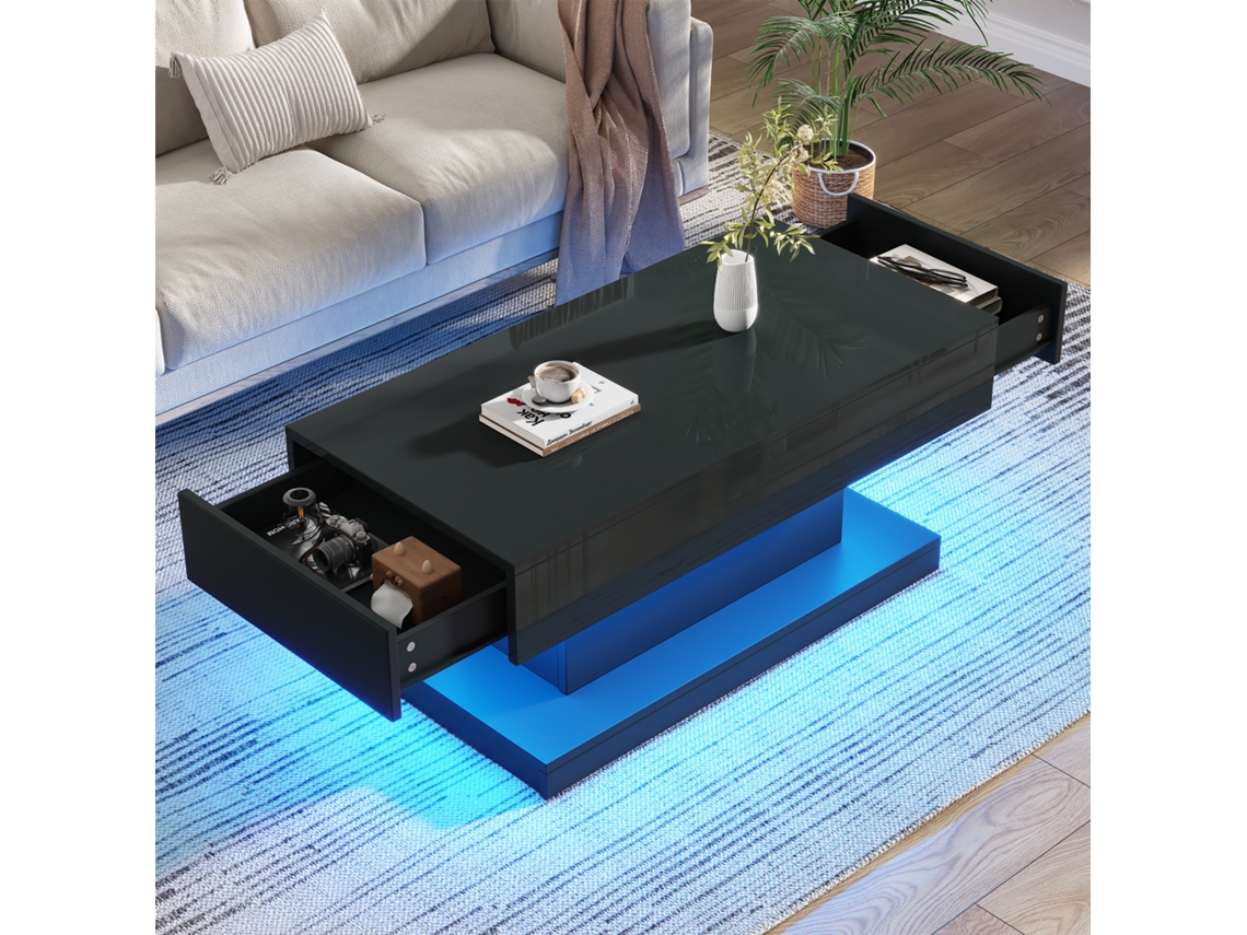 Mesa Centro 100x50x45cm 2 Gavetas Led Preta