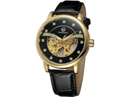 Lurelia Relógio Mecânico, Analógico, Mostrador Esqueleto, Aço Inoxidável, Couro, Preto, Dourado