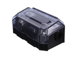 Porta-fusível automotivo com faixa de metal e plástico para proteção de segurança.