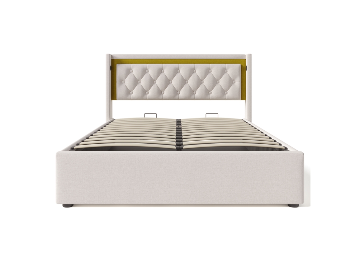 Cama De Casal Estofada 140x200 Cm Com Cabeceira Led, Algodão Bege