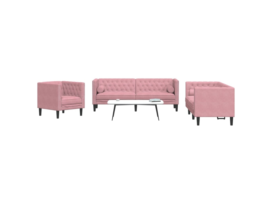 Vidaxl 3 Pcs Conjunto De Sofás Chesterfield Com Rolos Veludo Rosa