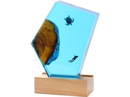 Luminária Noturna Oceano Em Resina Epóxi Com Base De Madeira Led Azul