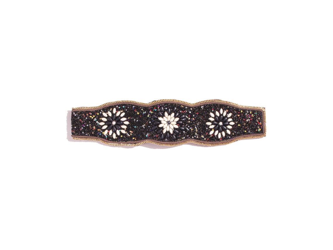 Cinto de Cintura Feminino Boêmio Elástico com Contas Pu Estreito para Vestidos Preto 72 85cm