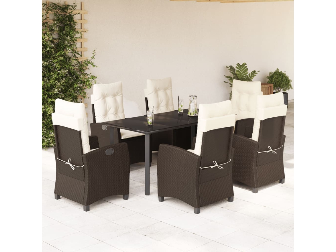 Conjunto 7 Peças Jantar P/ Jardim C/ Almofadões Vime Pe Marrom Dkd Home Decor