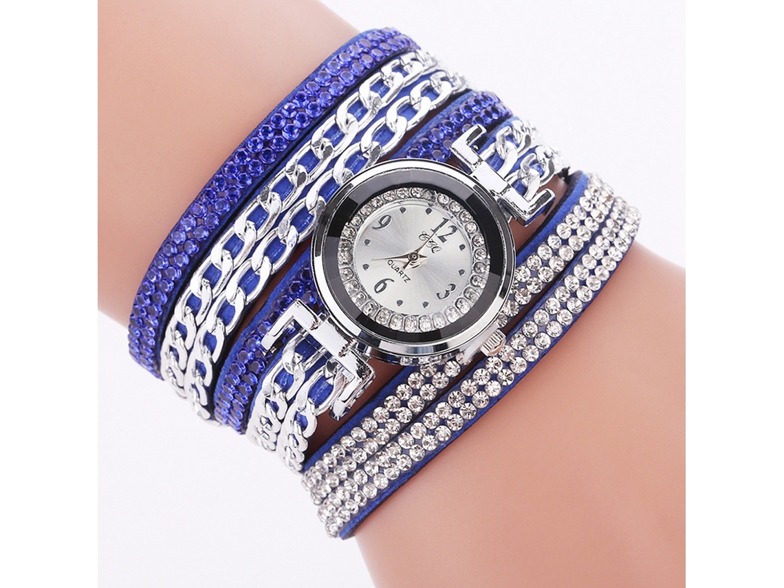 Relógio Feminino de Pulso de Quartzo com Cinto de Rhinestone Múltiplas Camadas (azul)