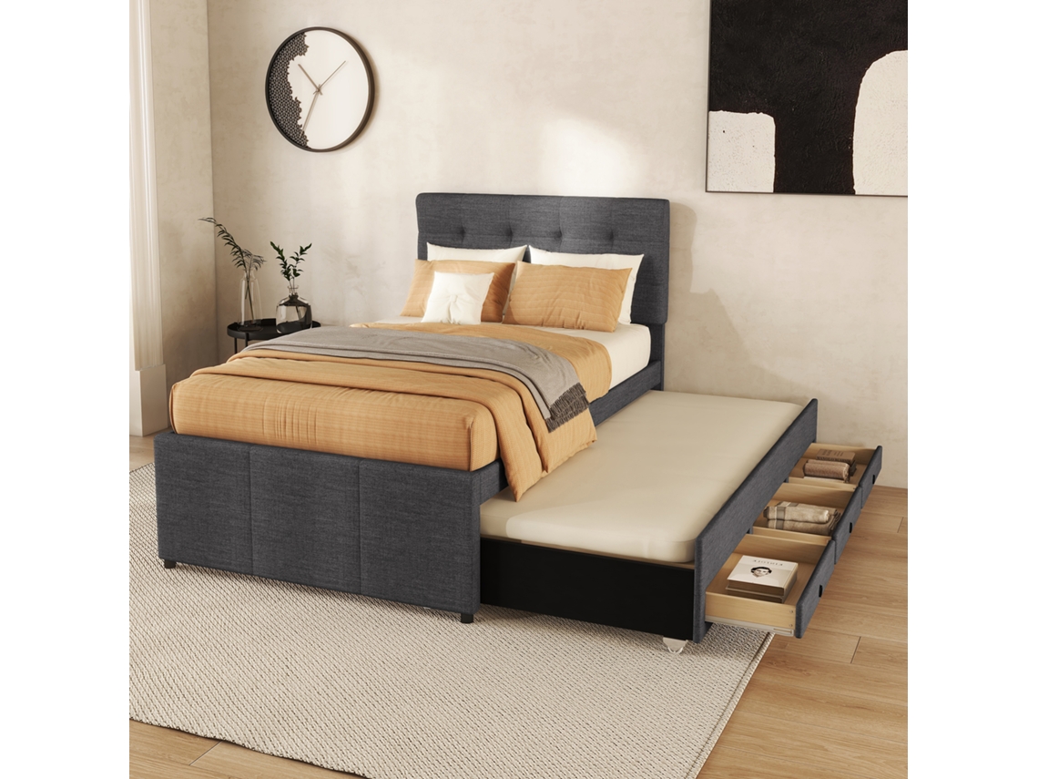 Cama De Família 90x200cm Cinza Com 3 Gavetas Berço Extensível E Cabeceira Ajustável Sem Colchão