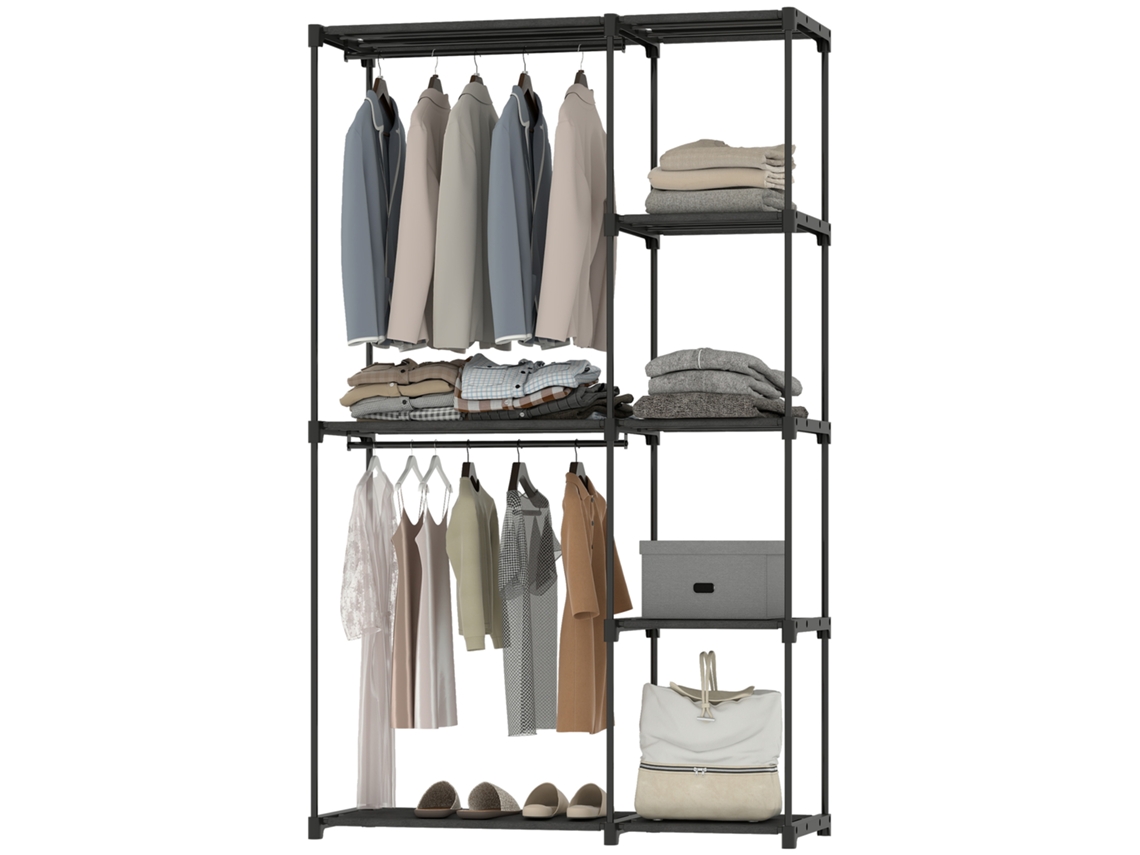 Armário De Armazenamento Portátil Com 2 Barras Suspensas E 6 Prateleiras, 111x43x185cm, Roupas Preto