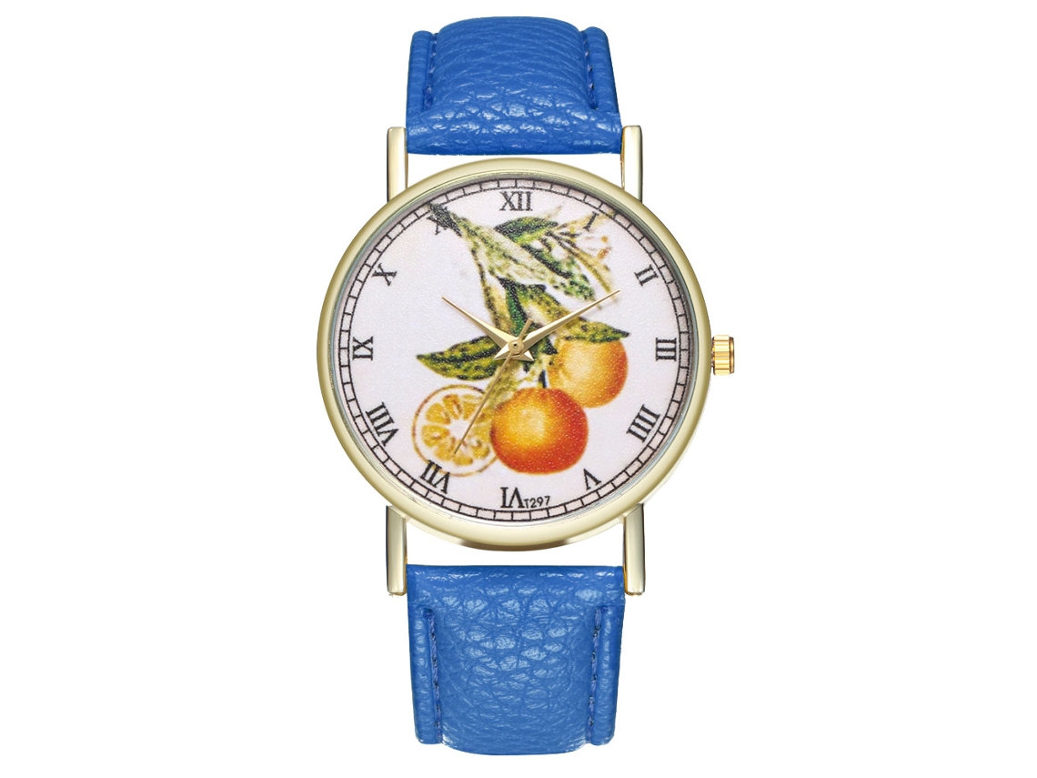 Relógio casual moderno para homens e mulheres, com design de quartzo em formato de fruta e pulseira de couro azul-escuro.