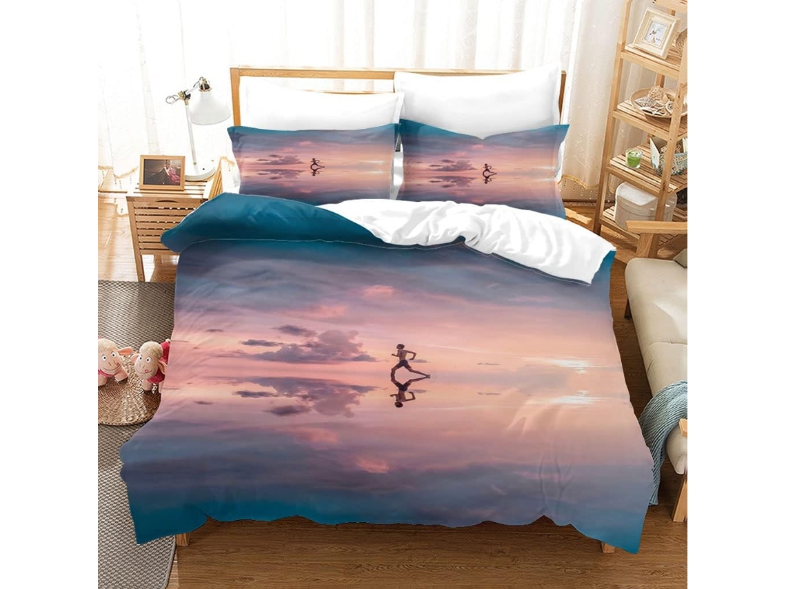 Capa de Edredom com Estampa 3D Céu Rosa em Microfibra Fronha 140x200cm