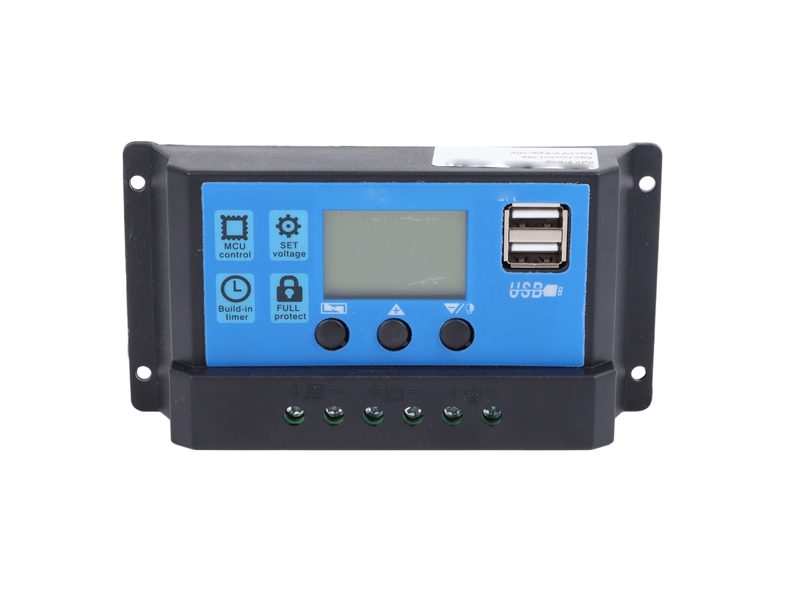Controlador De Carga Solar Pwm Com Lcd E Saídas Usb Duas 12v/24v Autoajustável 30a