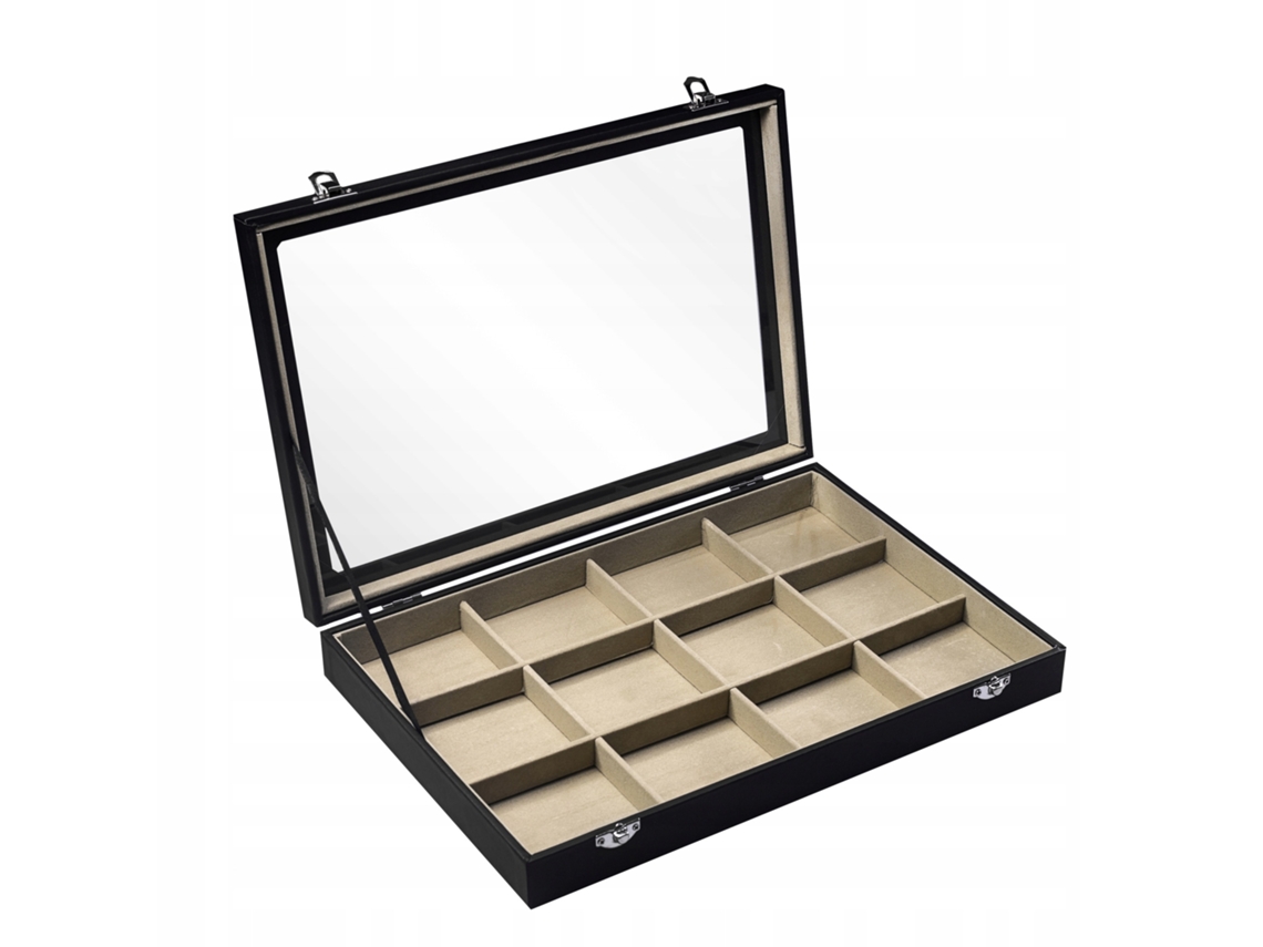 Caixa De Jóias De Vários Compartimentos Com Tampa De Vidro Couro Orgânico 35 X 24 X 5 Cm Preto