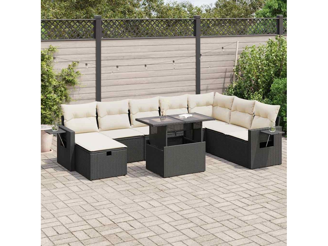 Vidaxl 9 Pcs Conjunto De Sofás P/ Jardim C/ Almofadões Vime Pe Preto