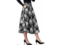 Saia Maxi Tartan De Lã A-line, Cintura Alta Elástica, Zíper Lateral, Bolsos, Tamanho Longo, Inverno/outono/primavera, Preto Meio Canela Preto Branco