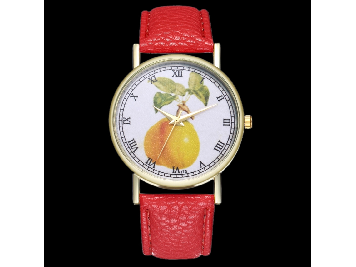 Reloj De Cuarzo Unisex Con Correa De Cuero Pu, Dial De Frutas, Casual Y Fashion (rojo)