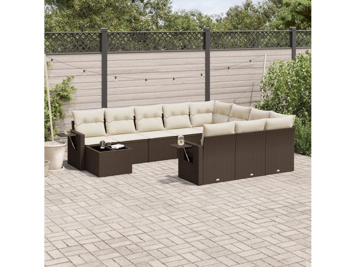 Vidaxl 11 Pcs Conjunto Sofás De Jardim C/ Almofadões Vime Pe Castanho
