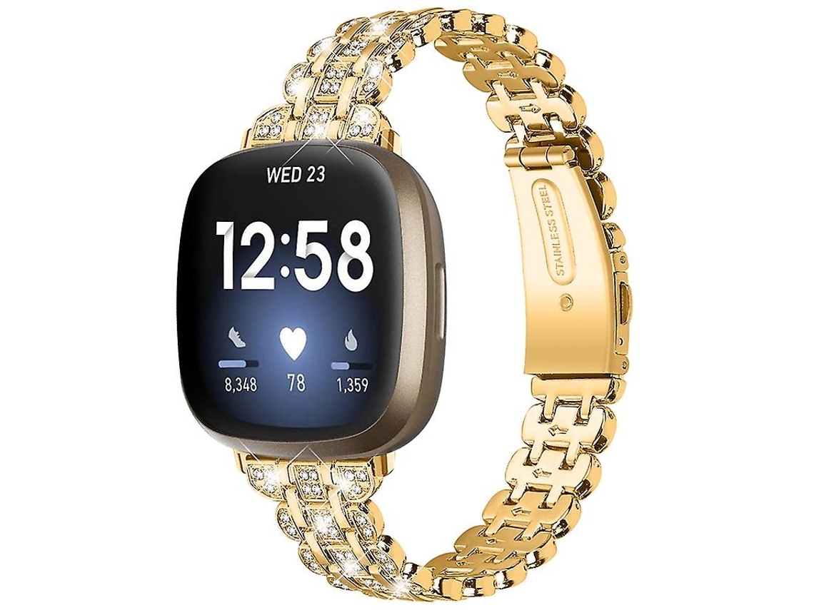Pulseira de relógio inteligente com fivela de metal e decoração de strass para Fitbit Versa 3/Fitbit Sense Ly Ebike