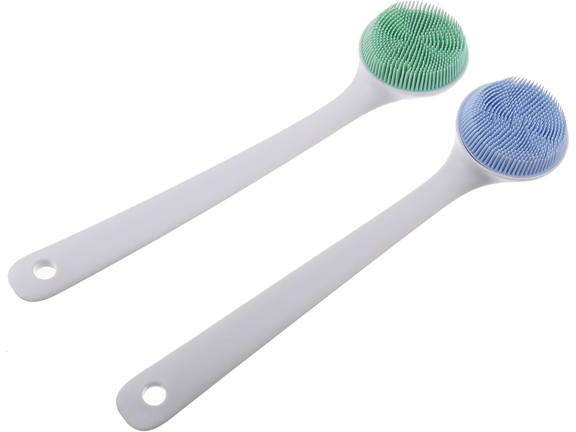 Escova De Banho Silicone Com Cabo Longo 2 Peças Para Esfoliação Corporal E Massagem Nas Costas, Fácil De Usar, Azul E