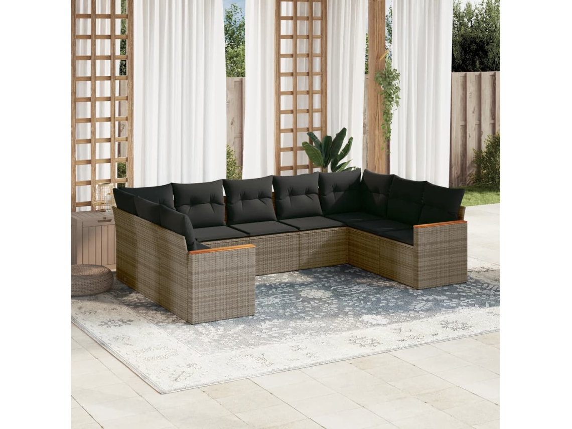 Vidaxl 9 Pcs Conjunto Sofás P/ Jardim Com Almofadões Vime Pe Cinzento