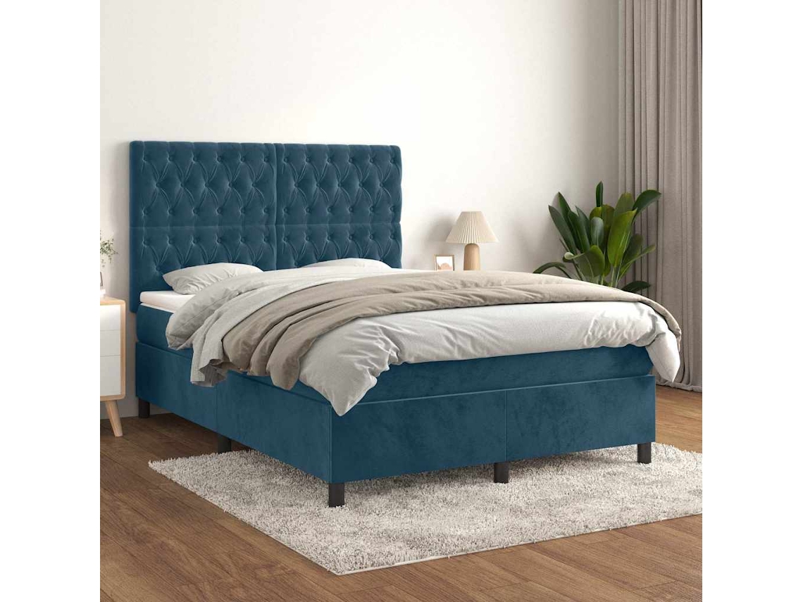 Vidaxl Cama Com Molas/colchão 140x190 Cm Veludo Azul-escuro