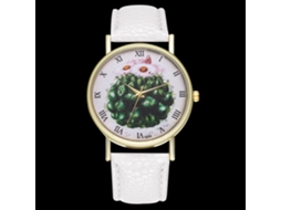 Relógio de quartzo unissex com pulseira de couro PU e mostrador com desenho de cacto (branco)