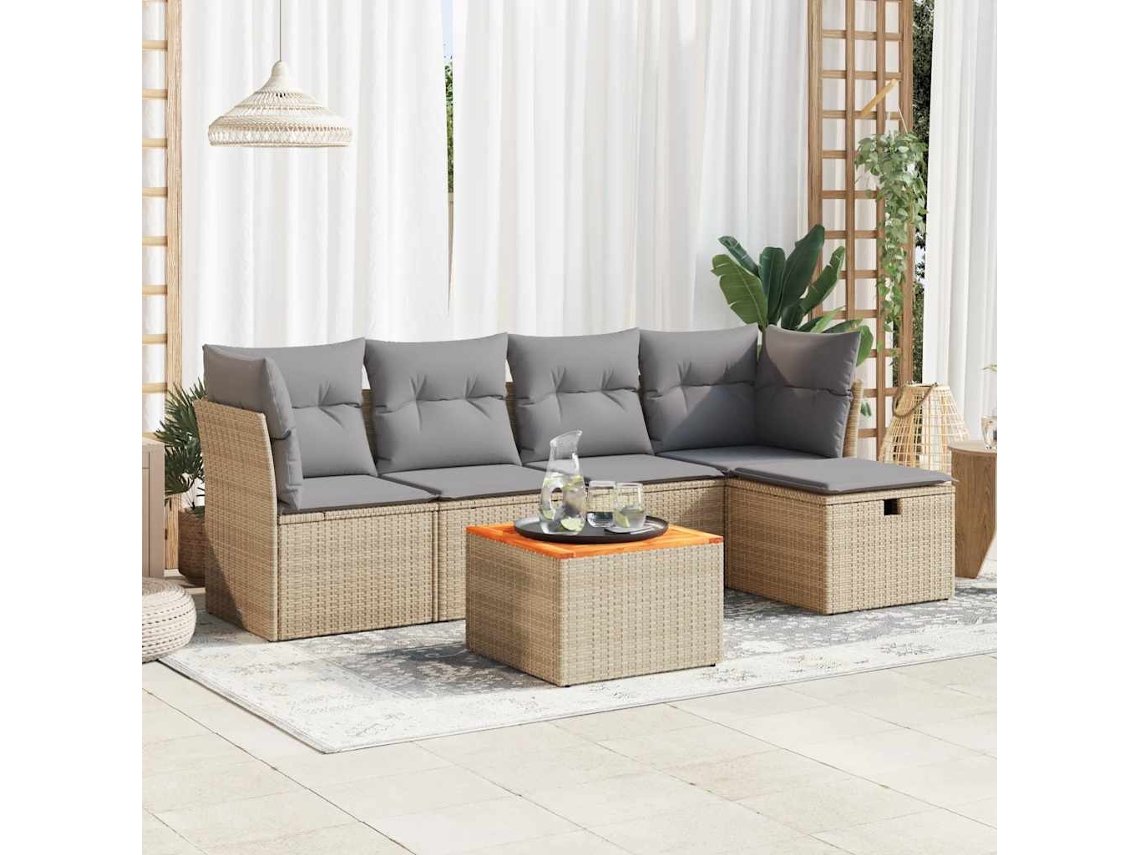 Vidaxl 6 Pcs Conjunto De Sofás P/ Jardim Com Almofadões Vime Pe Bege