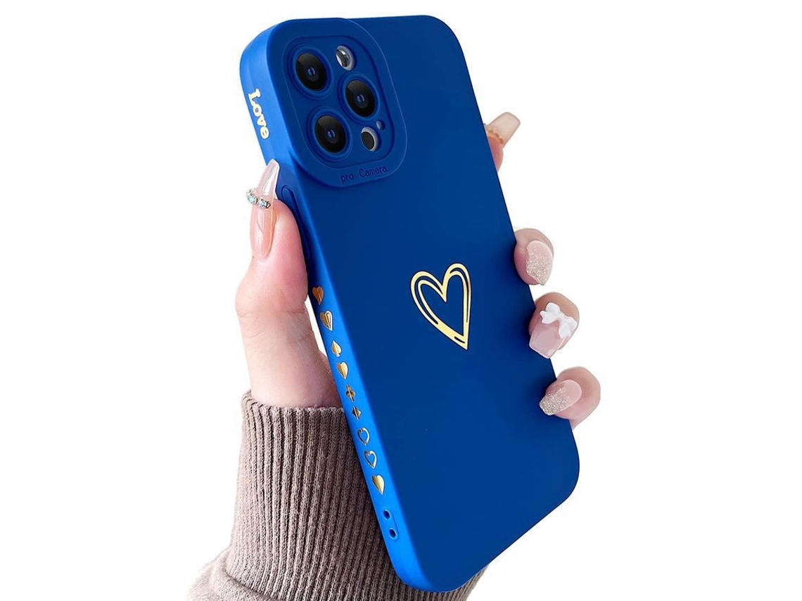 2026 capa Liquid Silicone para Iphone 13 Pro Max com Padrão de Coração Dourado para Mulheres (azul)