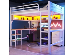 Cama Alta Para Jogos 140x200 Cm - Metal, Secretária, Estante, Armário, Usb E Led - Branco