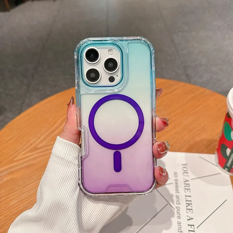 (azul-roxo, Iphone 12) Capa Protetora 3 Em 1 Com Efeito Degradê, Compatível Com Carregamento Sem Fio Magsafe E À Prova De Choque.